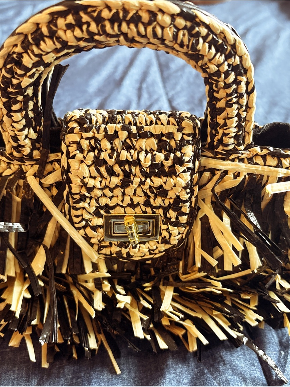 ✨ Black & Natural Woven Fringe Mini Top Handle Bag